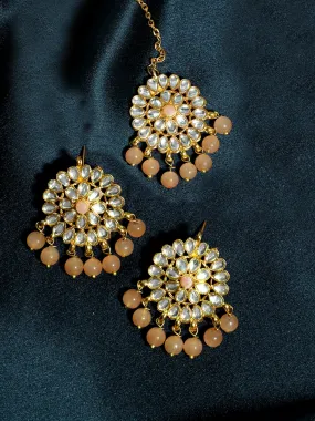 Gold Plated Peach Beads Kundan Dangler Earrings with Maangtikka for Women