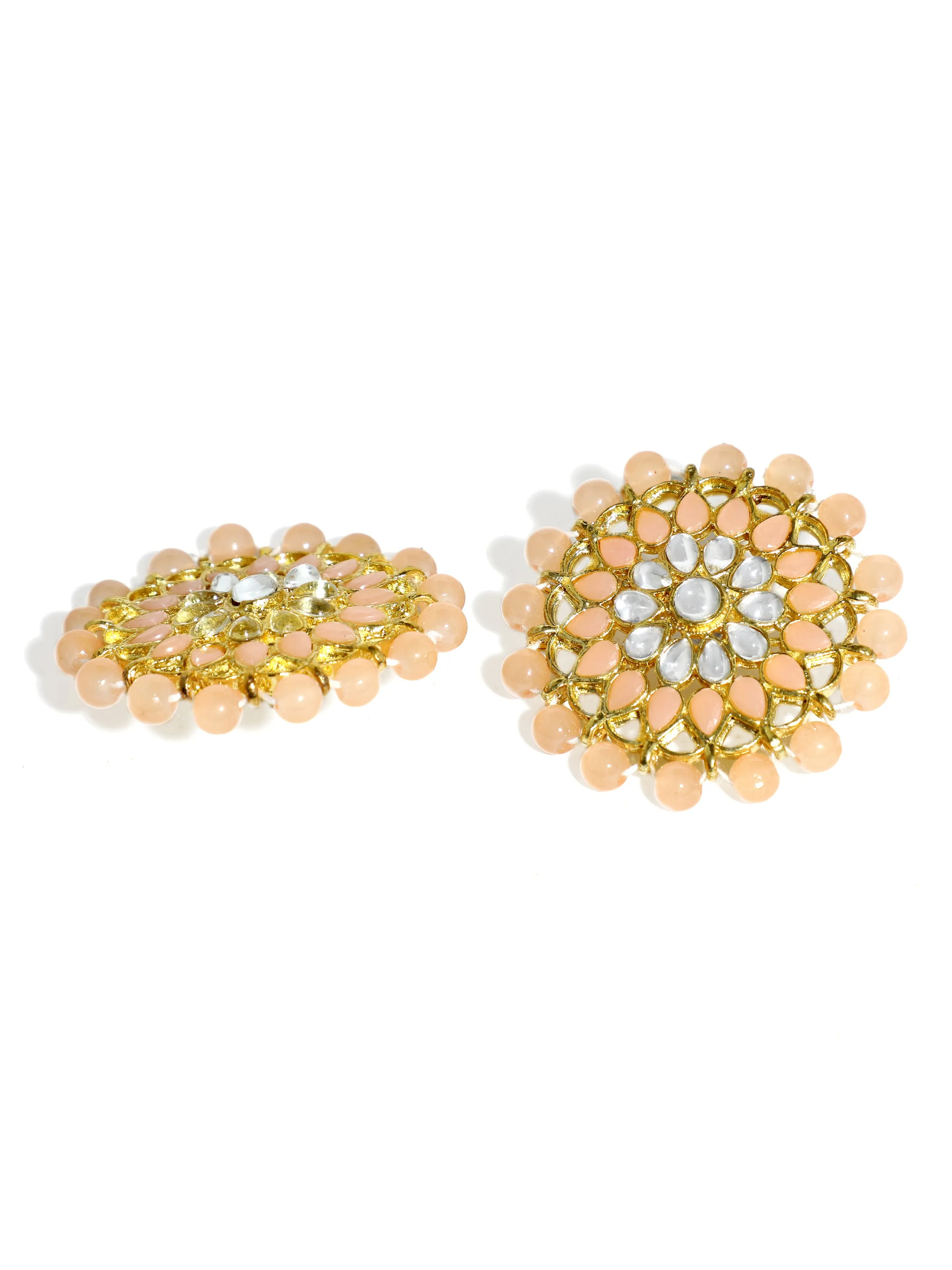 Gold Plated Peach Beads Kundan Stud Earrings