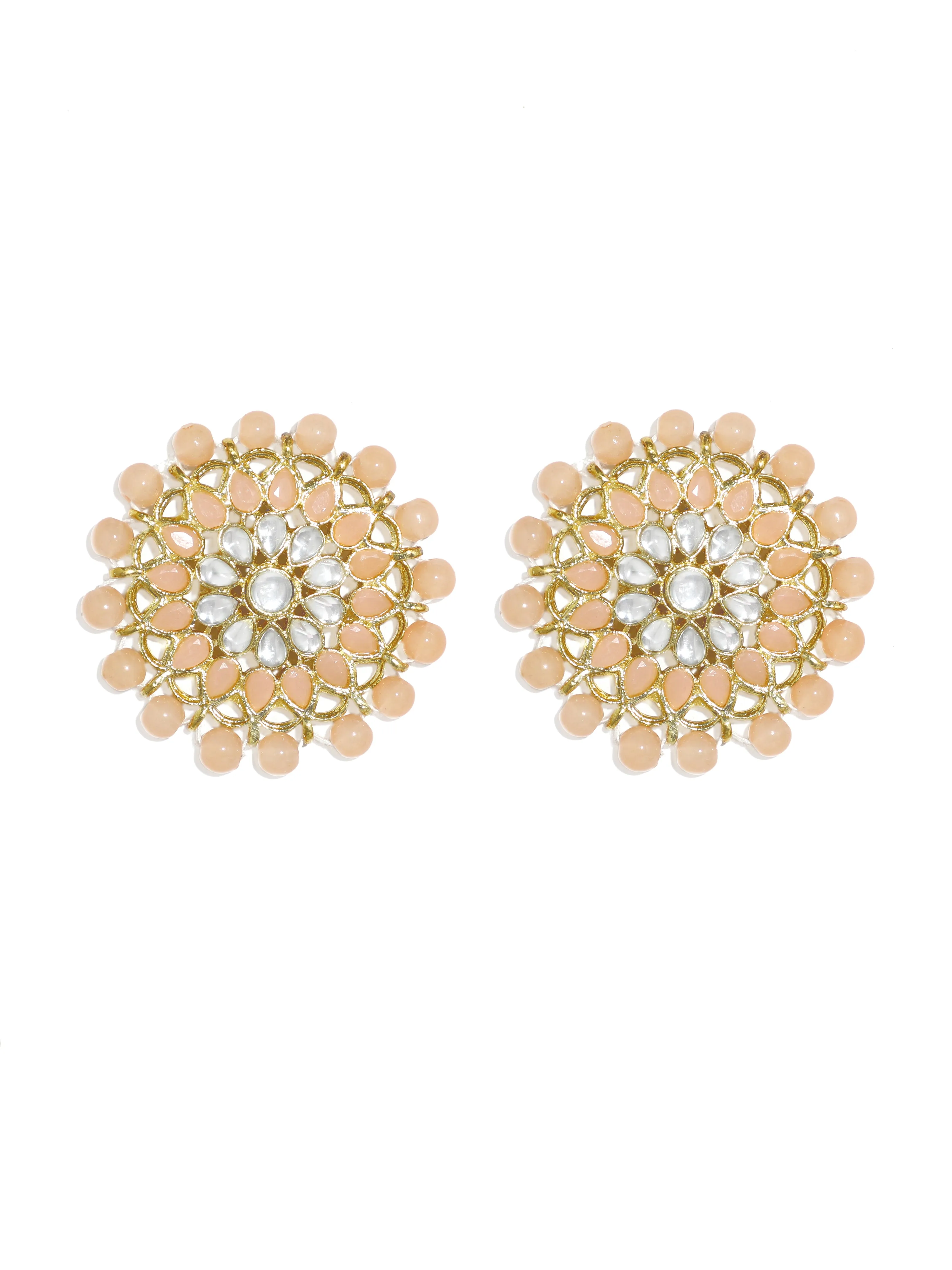 Gold Plated Peach Beads Kundan Stud Earrings