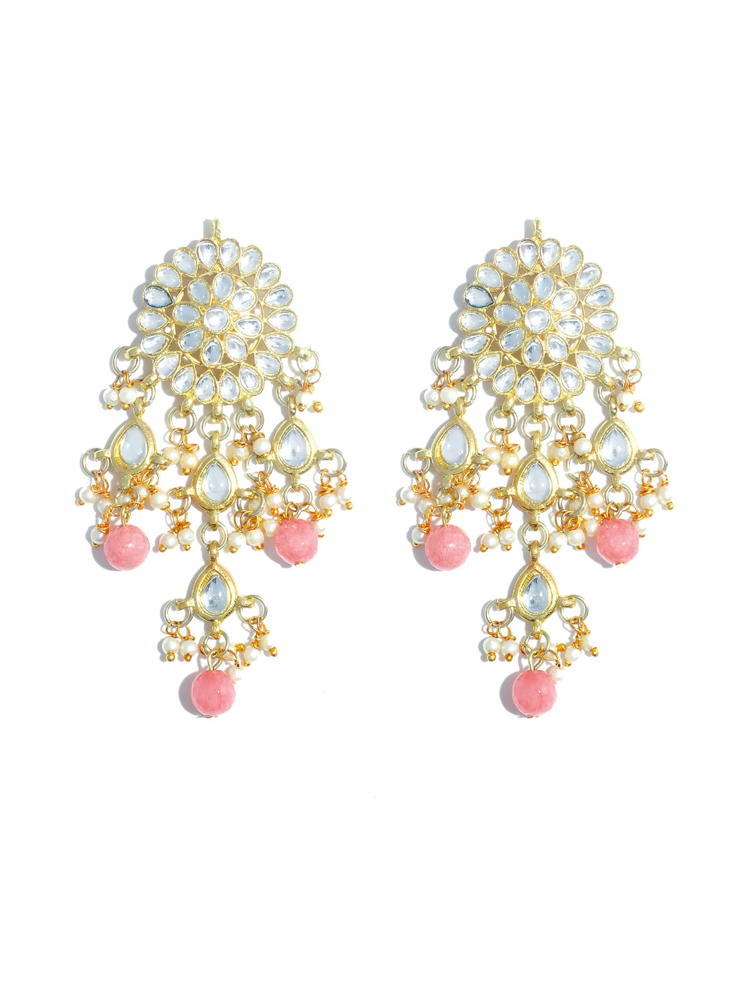 Gold Plated Peach Beads Kundan Tassel Earrings with Maangtikka for Women