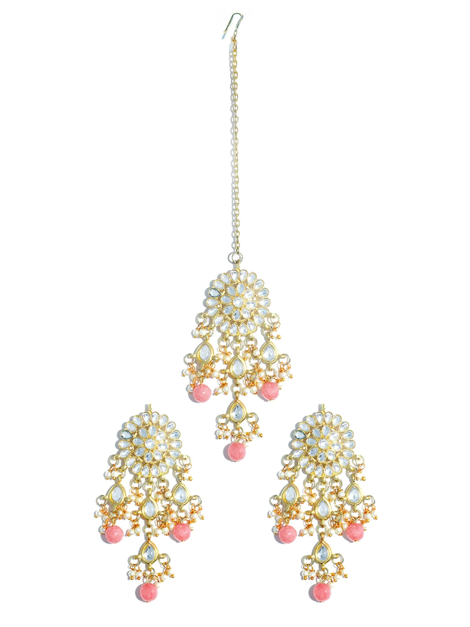 Gold Plated Peach Beads Kundan Tassel Earrings with Maangtikka for Women