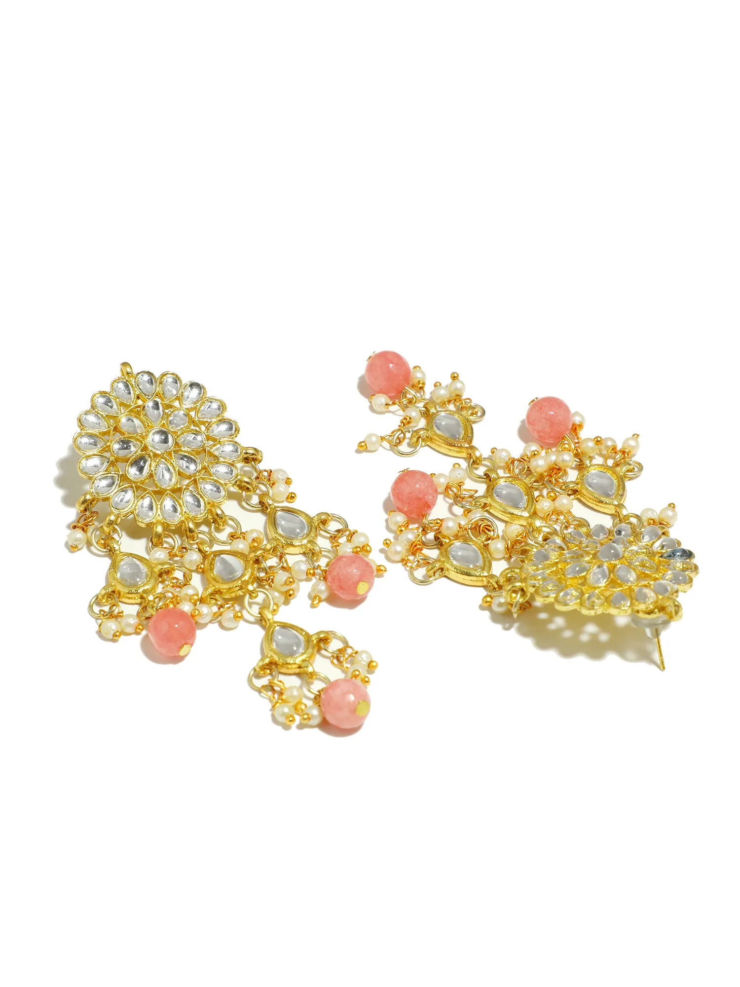 Gold Plated Peach Beads Kundan Tassel Earrings with Maangtikka for Women