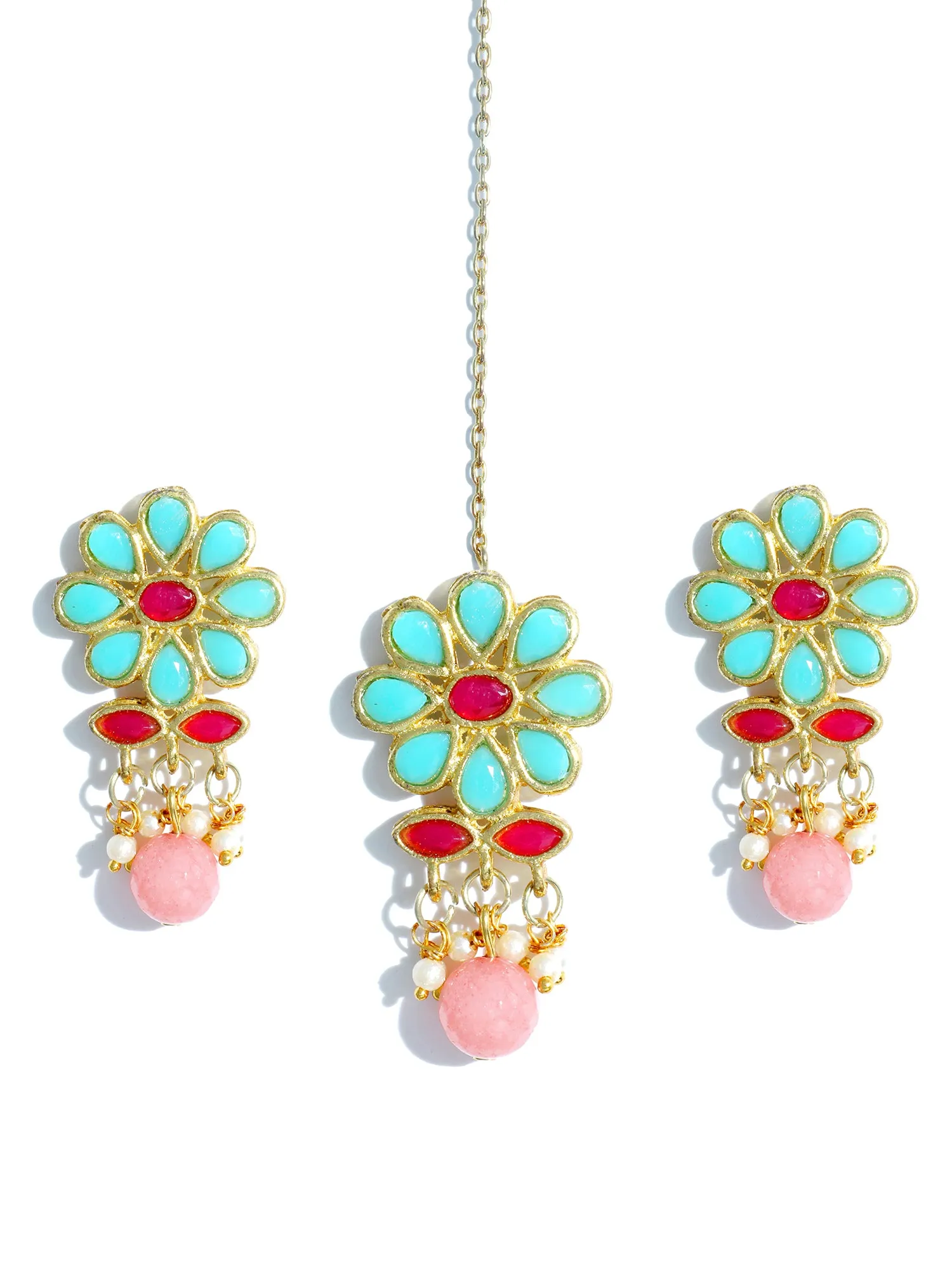 Gold Plated Peach Beads Mint Blue Kundan Dangler Earrings with Maangtikka for Women