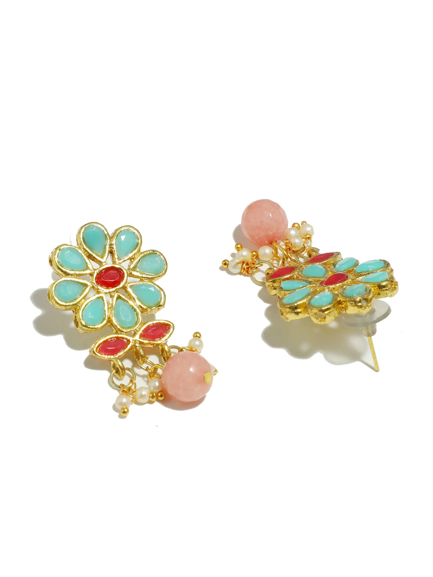 Gold Plated Peach Beads Mint Blue Kundan Dangler Earrings with Maangtikka for Women