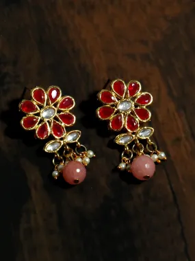 Gold Plated Peach Beads Red Kundan Dangler Earrings for Women