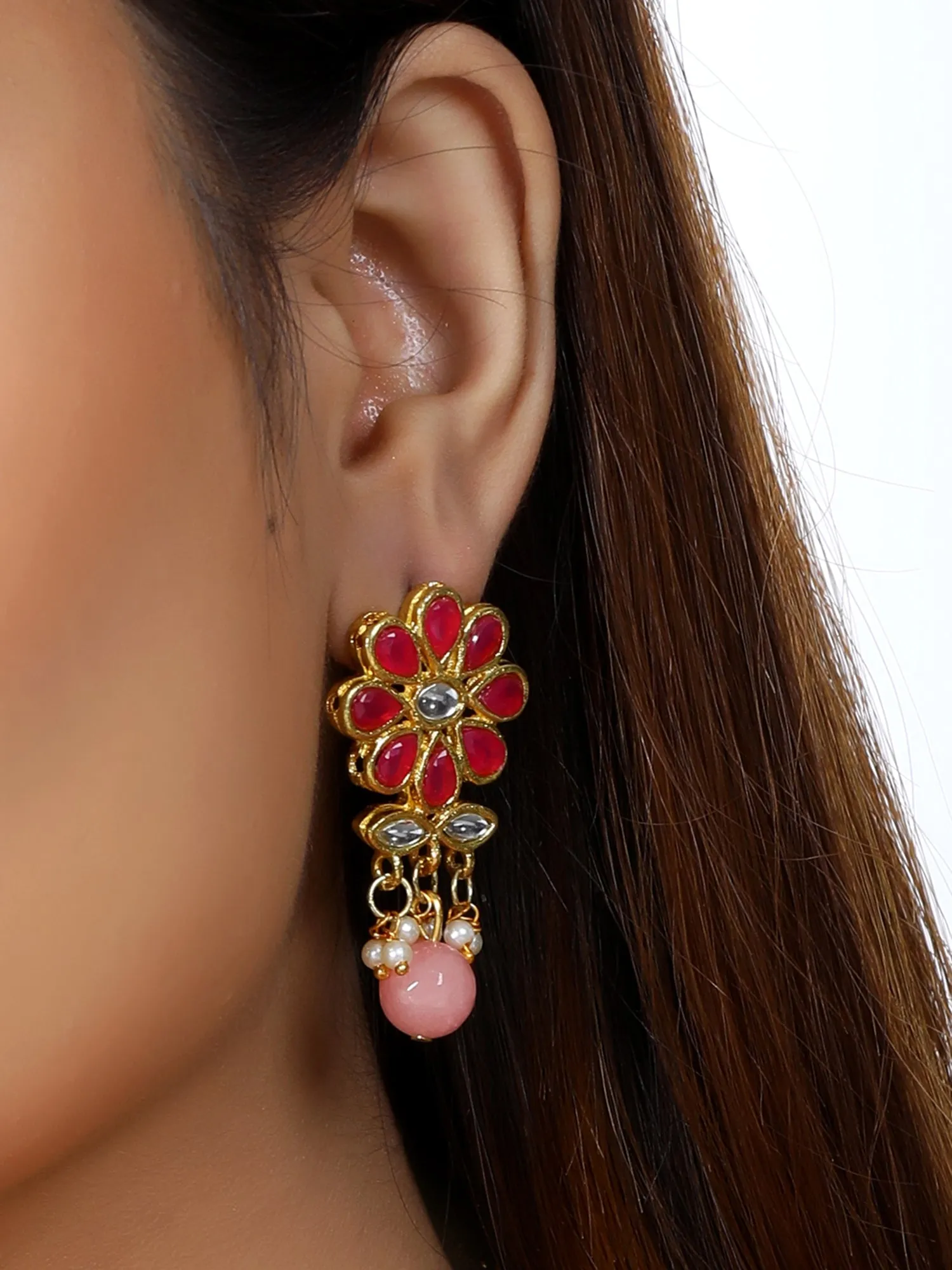 Gold Plated Peach Beads Red Kundan Dangler Earrings for Women