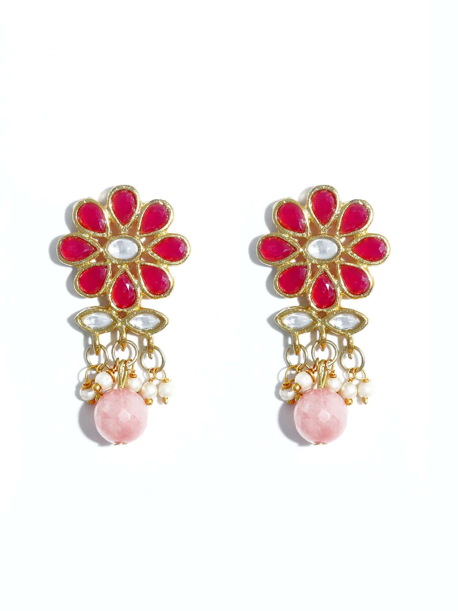 Gold Plated Peach Beads Red Kundan Dangler Earrings for Women