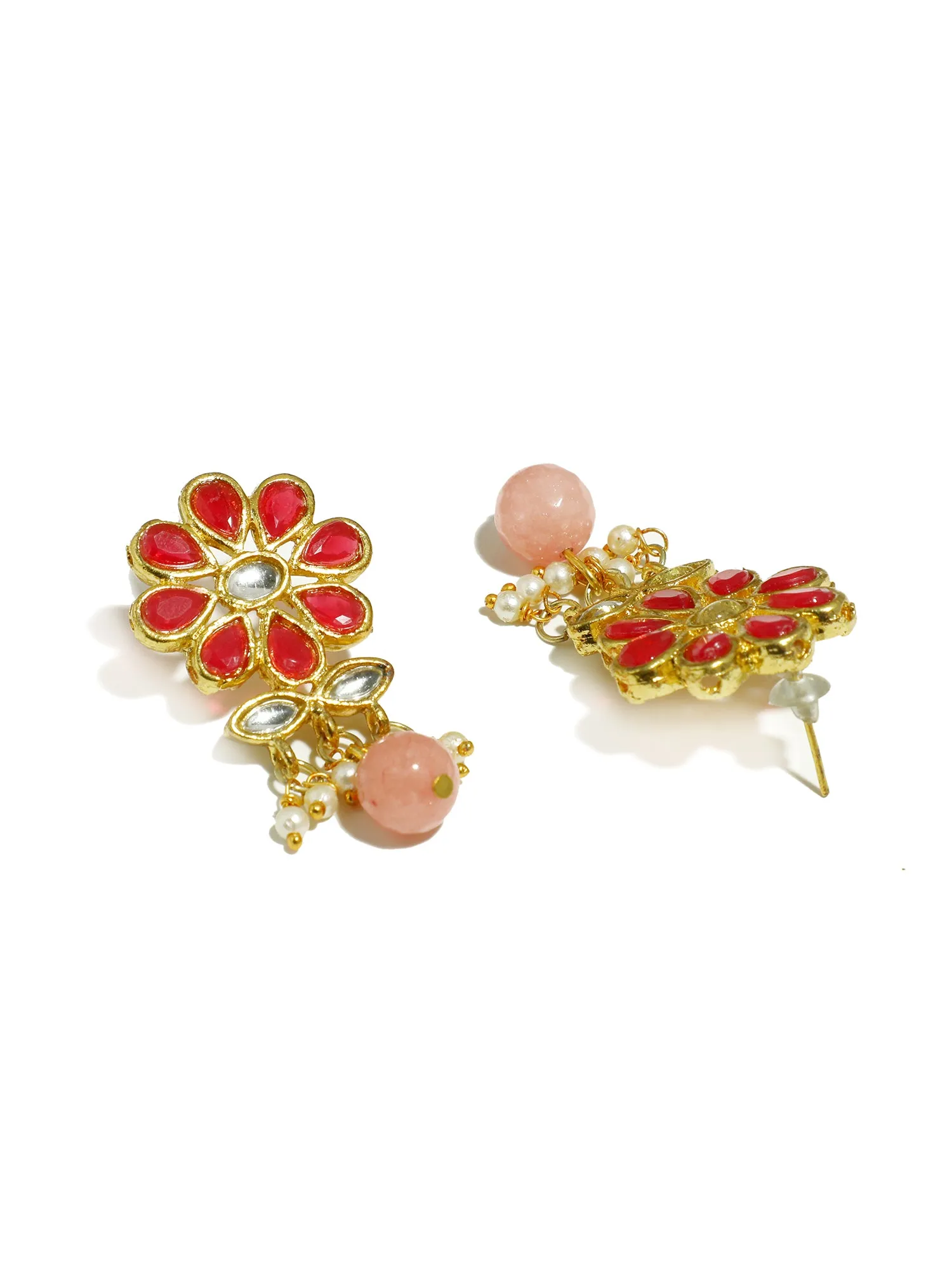 Gold Plated Peach Beads Red Kundan Dangler Earrings for Women