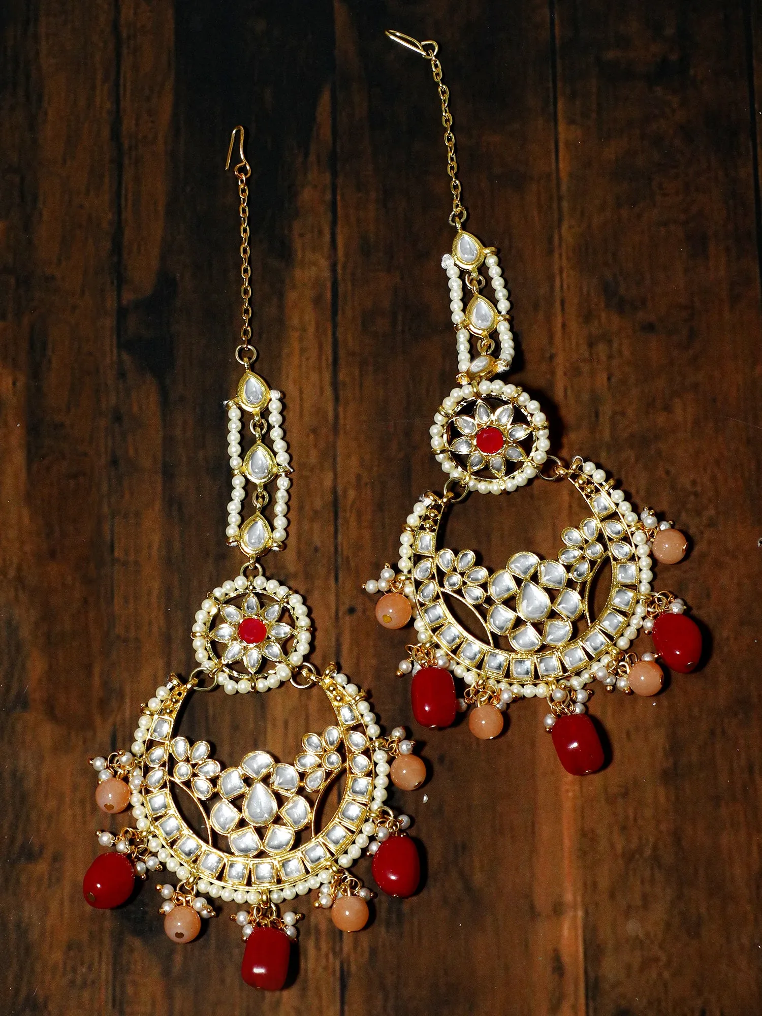 Gold Plated Red and Peach Beads Kundan Chandbali Earrings