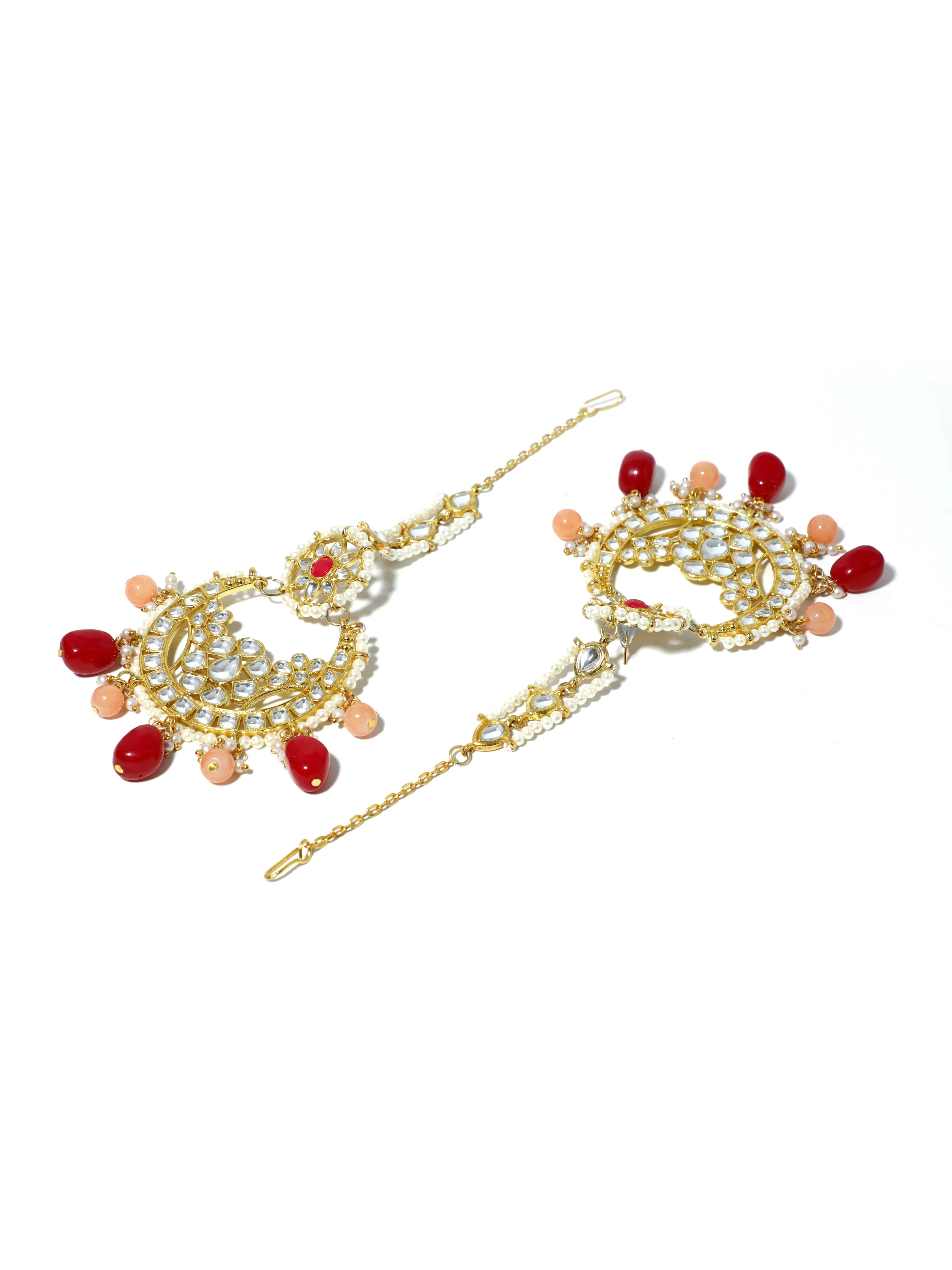 Gold Plated Red and Peach Beads Kundan Chandbali Earrings