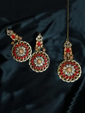 Gold Plated Red and Peach Kundan Dangler Earrings with Maangtikka for Women