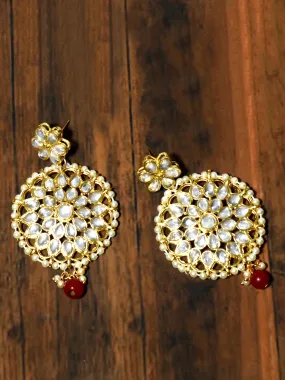 Gold Plated Red Bead Kundan Dangler Earrings