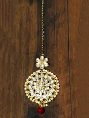 Gold Plated Red Bead Kundan Maangtikka