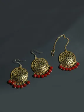 Gold Plated Red Beads Kundan Dangler Earrings with Maangtikka for Women