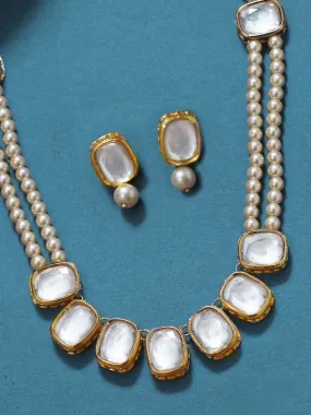 Golden Pearl Beads Polki Kundan Necklace Set