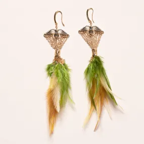 Green and Brown Feather with Rhinestone Bird Earrings