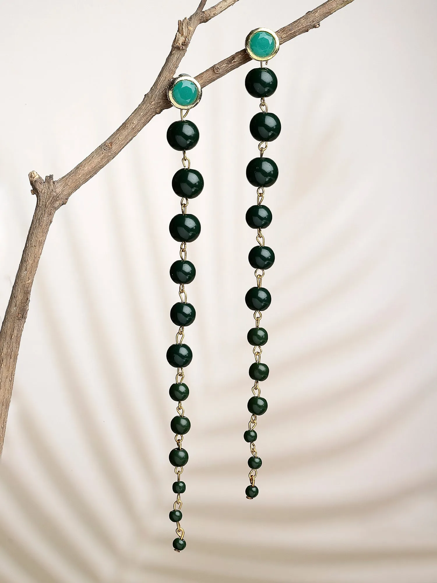 Green Beads Long Dangler Earrings