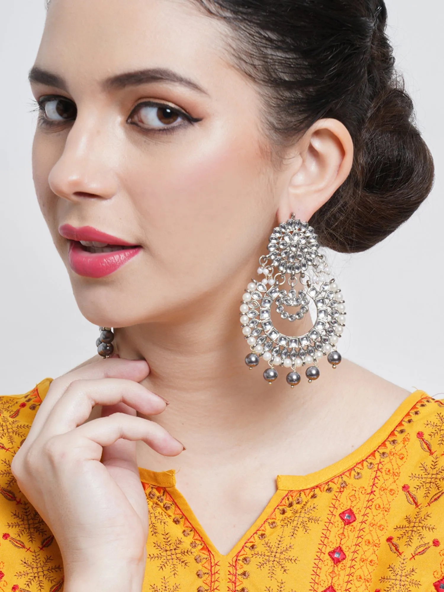 Grey Pearl Oxidised Silver Kundan Chandbali Earrings