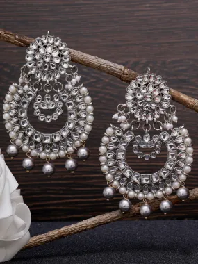 Grey Pearl Oxidised Silver Kundan Chandbali Earrings