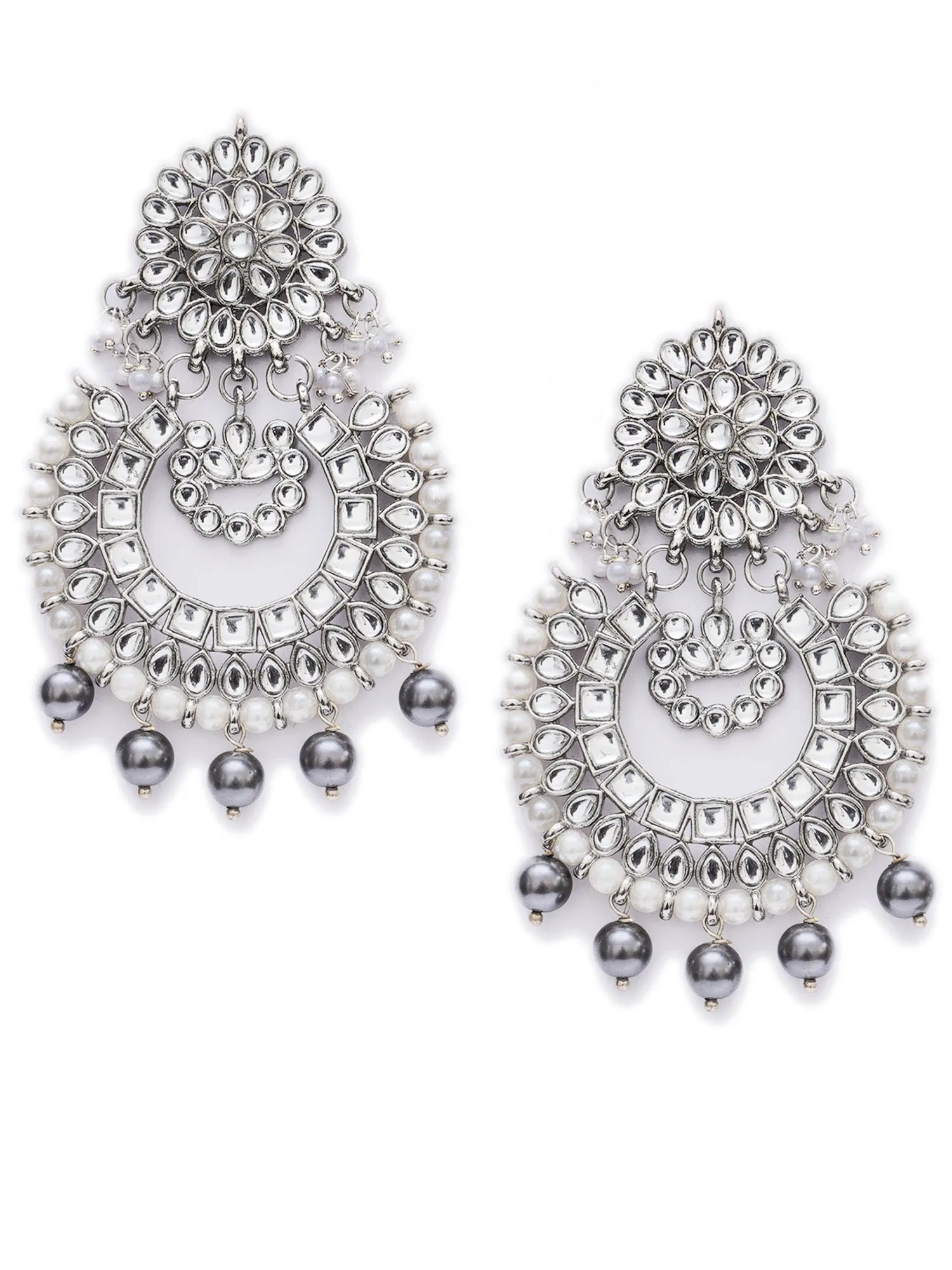 Grey Pearl Oxidised Silver Kundan Chandbali Earrings