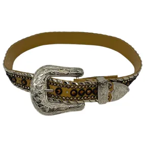 KIPPYS Crystal-Embellished Western Style Leather Belt with Silver Buckle - Tan