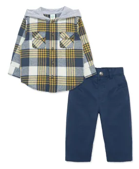 Navy Plaid Woven Pant Set (2T-4T)