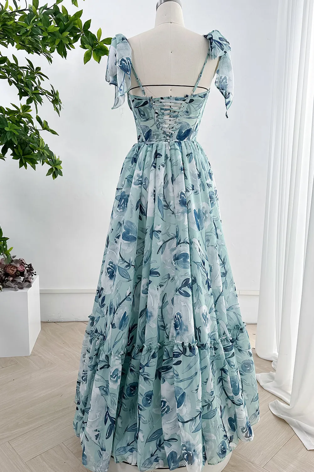 Spaghetti Straps Corset Floral Chiffon Tiered Dress