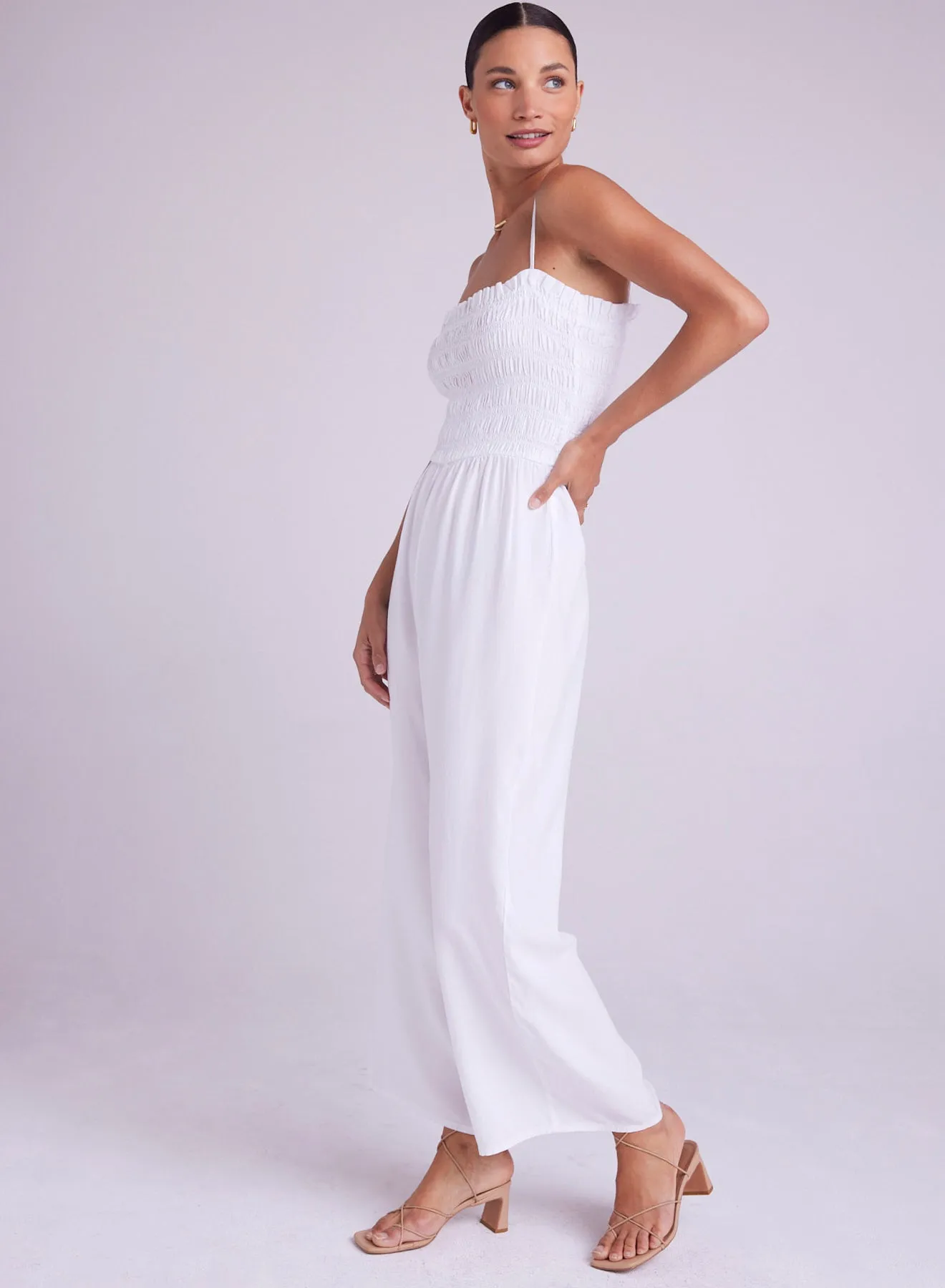 Wide Leg Smocked Ruffle Jumpsuit - White