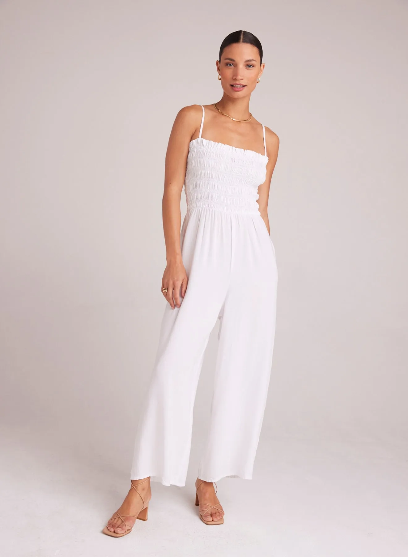 Wide Leg Smocked Ruffle Jumpsuit - White