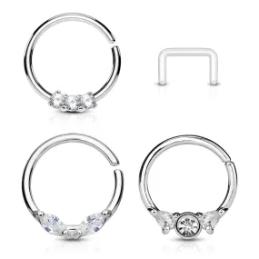 WILDKLASS 3 Pcs Value Pack Assorted Half Circle Bendable Nose Septum and Ear Cartilage Hoops with Free Clear Retainer