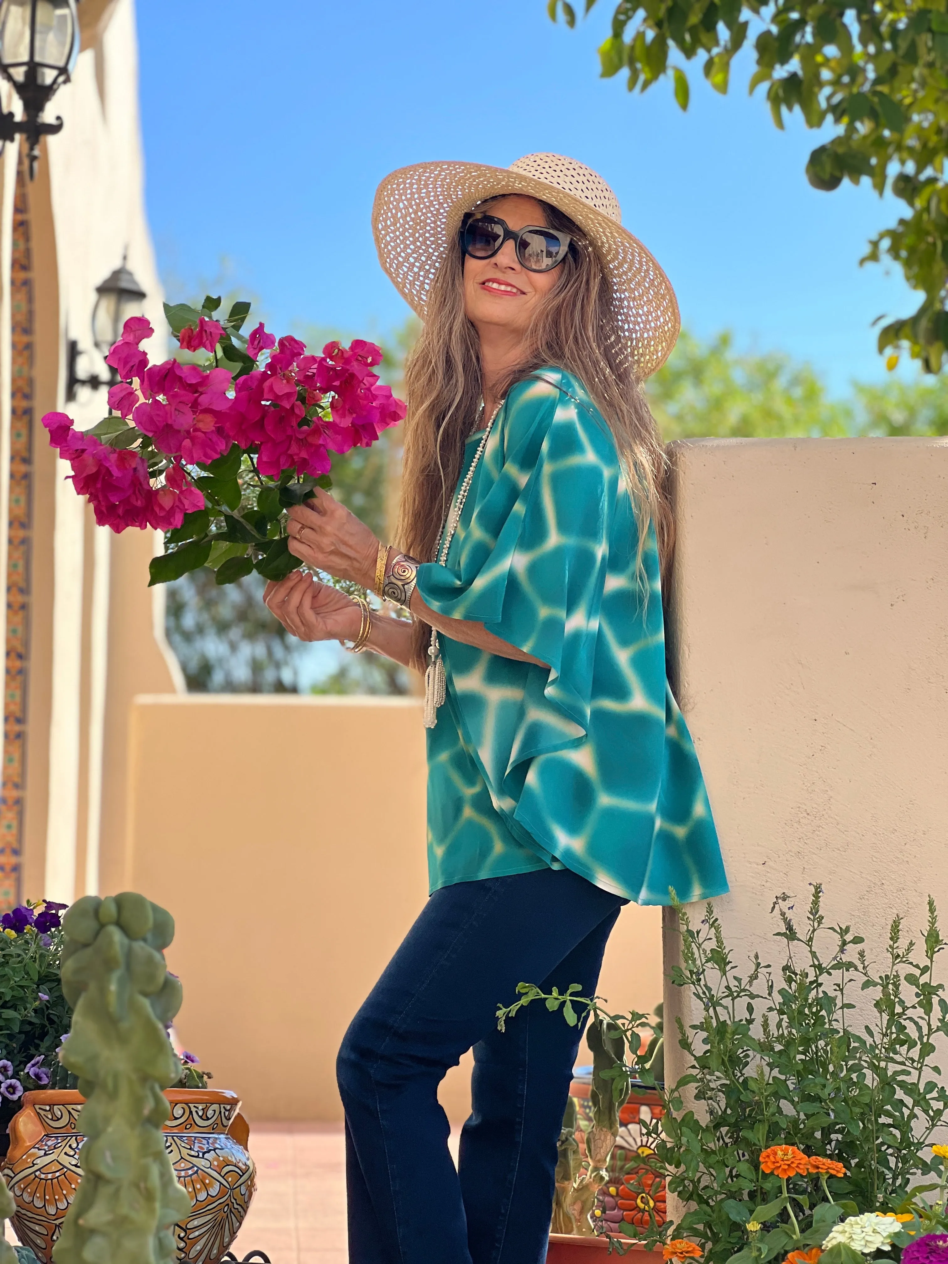 Zirafa Giraffa Teal Poncho Italian Silk